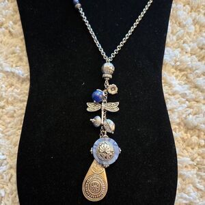 Chico's Long Charm Necklace Silver & Blue Stone